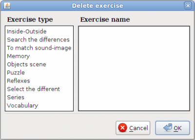 Panel to select the type of exercise that will be removed