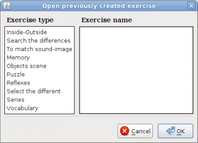 Panel to select the type of exercise that will be opened.