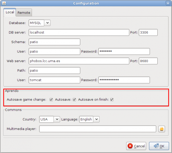 Configure panel with the Aprendo parameters highlighted.
