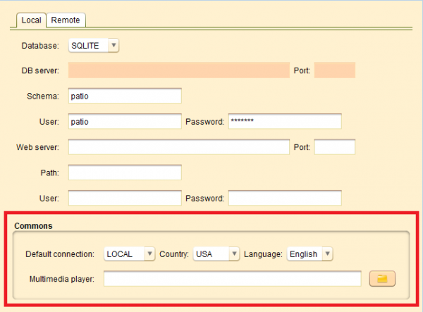 Configure panel with the commons parameters highlighted.