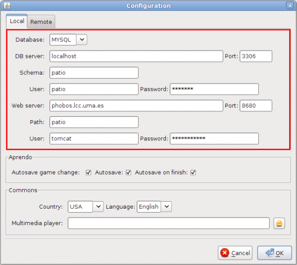 Configure panel with the database parameters highlighted.