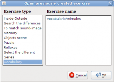 Panel to select the exercise that will be opened.