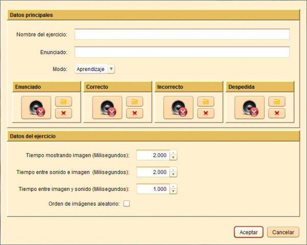 Panel de configuración del ejercicio.