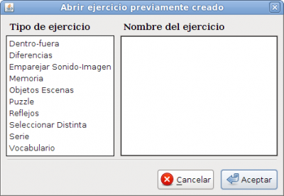 Panel para seleccionar el tipo de ejercicio a editar